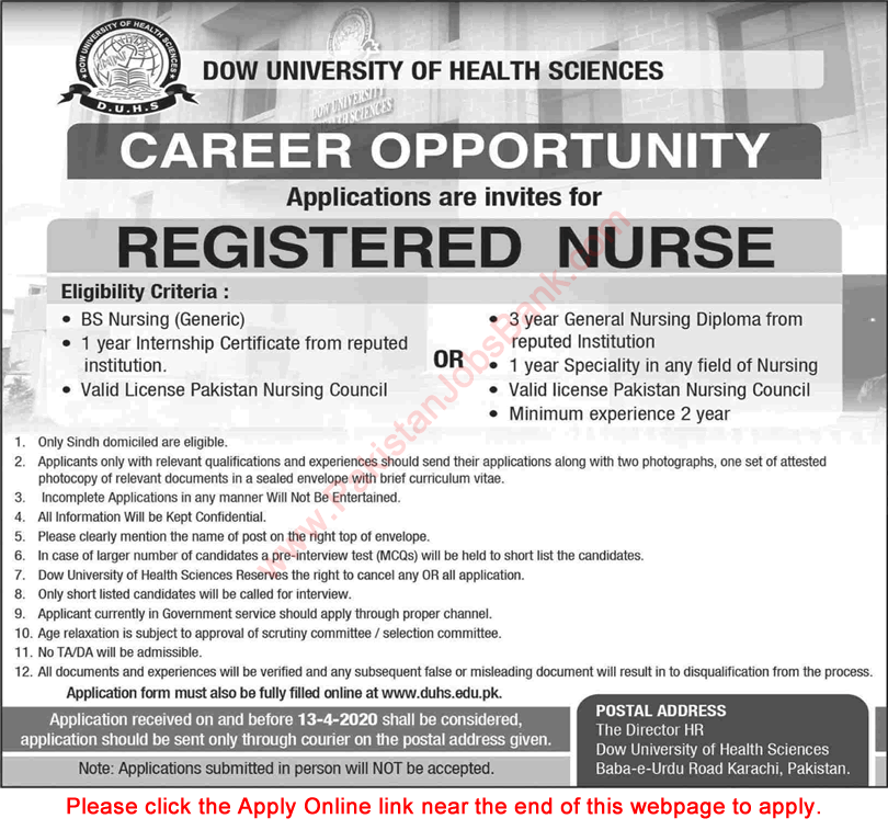 Nurse Jobs in Dow University of Health Sciences Karachi 2020 March / April Apply Online Latest