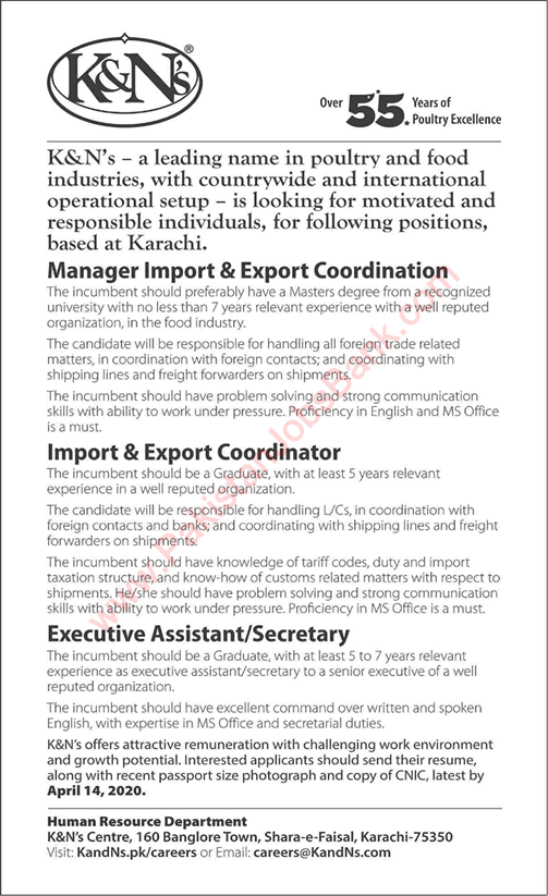 K&Ns Pakistan Jobs 2020 April Karachi Executive Assistant, Manager & Coordinator Latest