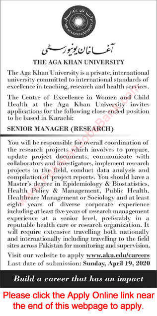 Research Manager Jobs in Aga Khan University Karachi 2020 April Apply Online AKU Latest