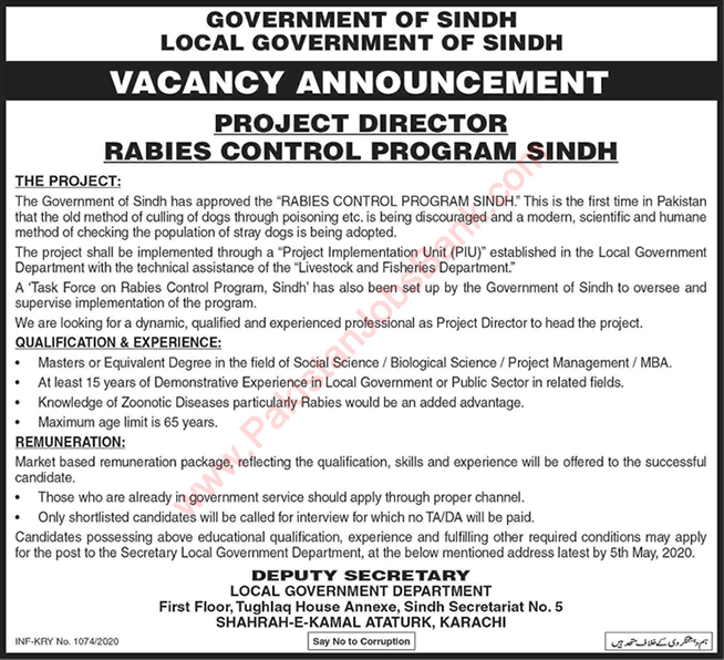 Project Director Jobs in Local Government Sindh 2020 April Rabies Control Program Latest