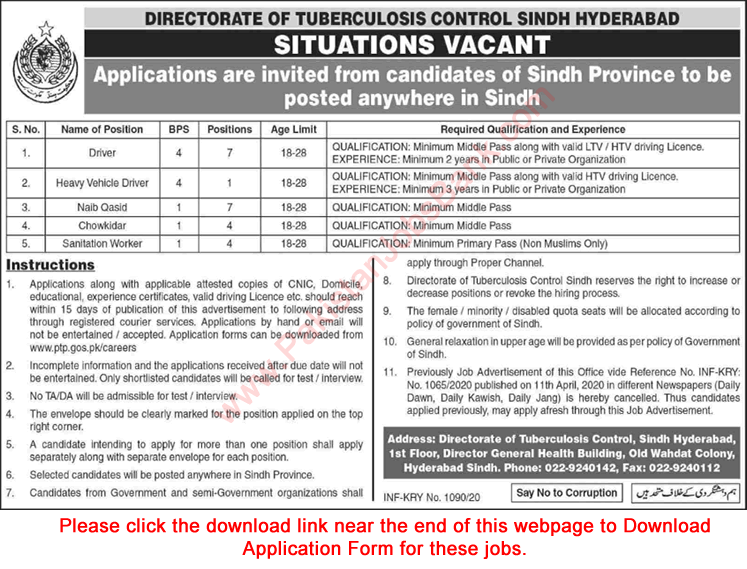 Directorate of Tuberculosis Control Sindh Jobs 2020 April Hyderabad Application Form Drivers, Naib Qasid & Others Latest