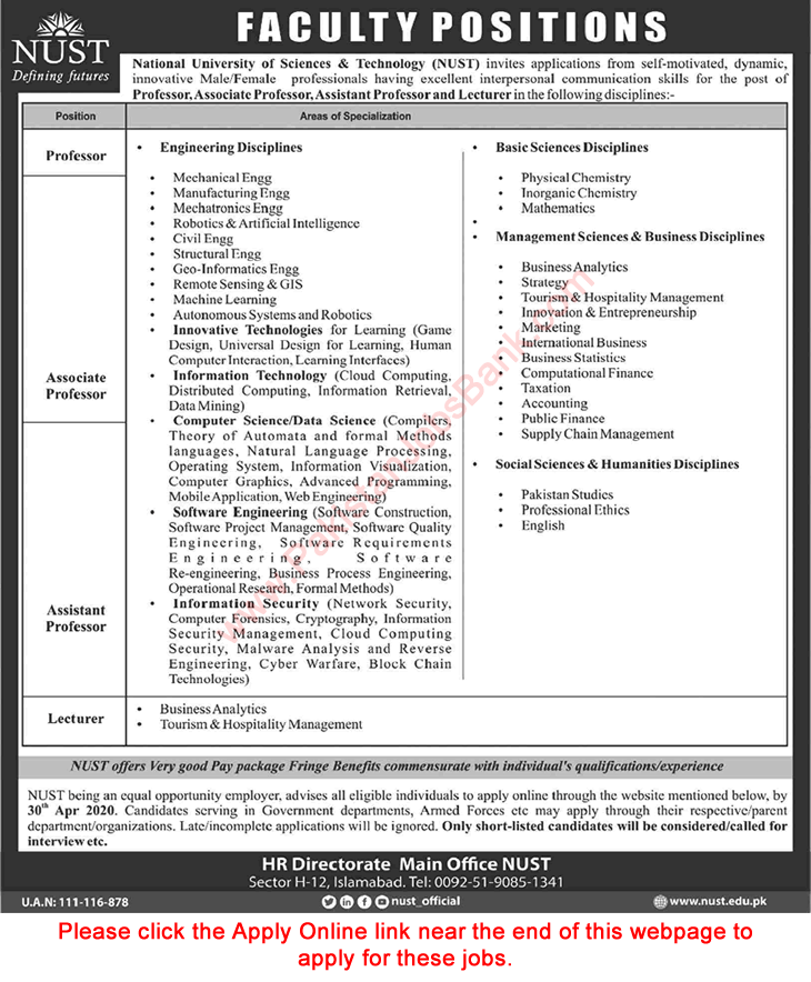 NUST University Islamabad Jobs April 2020 Apply Online Teaching Faculty Latest