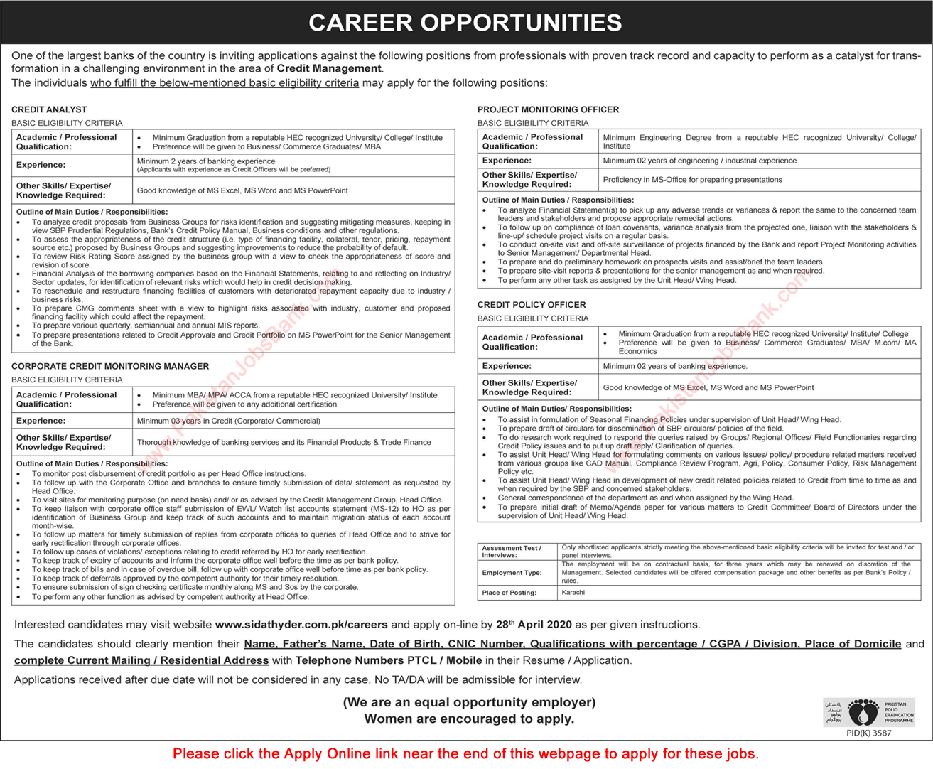 Banking Jobs in Karachi April 2020 Apply Online Project Monitoring Officer & Others Latest