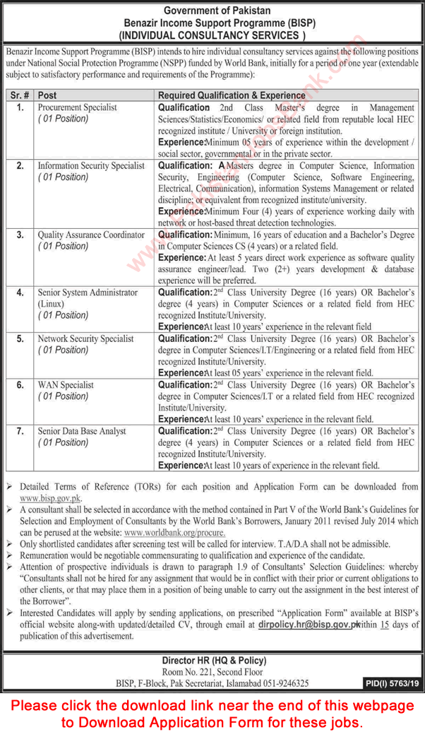 Benazir Income Support Programme Jobs April 2020 BISP Application Form Latest