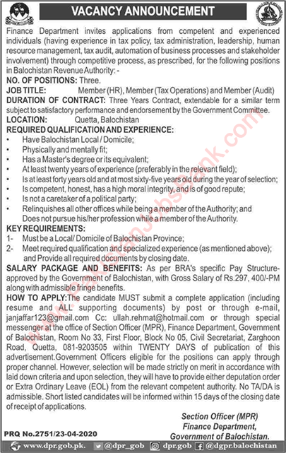 Member Jobs in Finance Department Balochistan 2020 April Latest