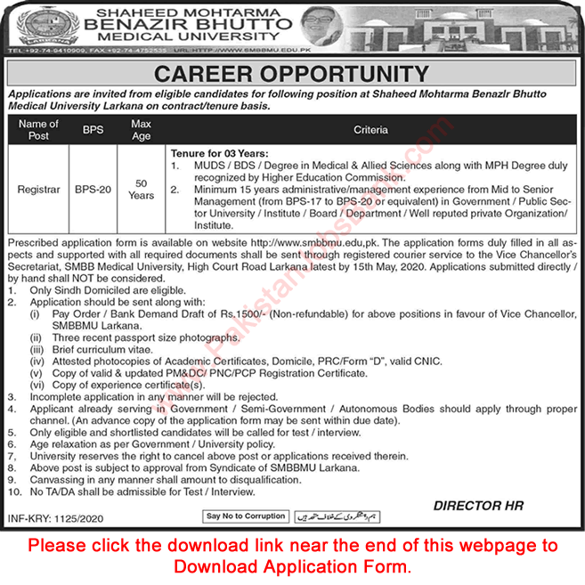 Registrar Jobs in Shaheed Mohtarma Benazir Bhutto Medical University Larkana 2020 April Application Form Latest
