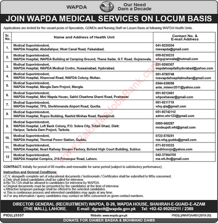 WAPDA Jobs April 2020 May Medical Officers, Nurses & Specialist Doctors Latest