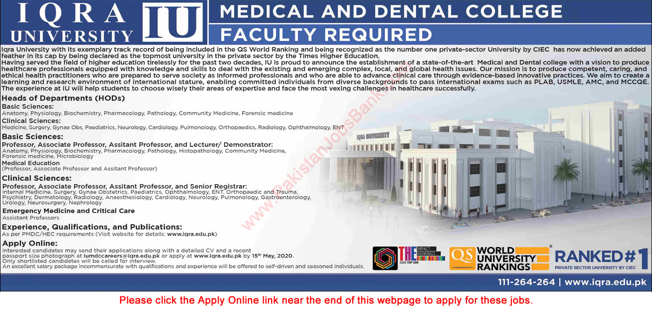 Iqra University Karachi Jobs April 2020 May Apply Online Teaching Faculty Latest