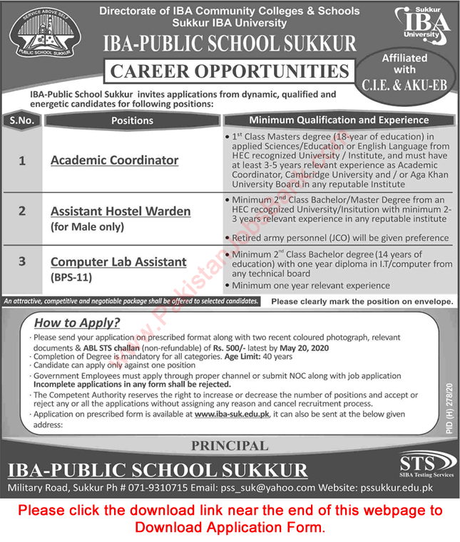 IBA Public School Sukkur Jobs 2020 May Application Form Computer Lab Assistant & Others Latest