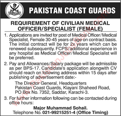 Female Medical Officer / Specialist Jobs in Pakistan Coast Guards Karachi 2020 May Latest
