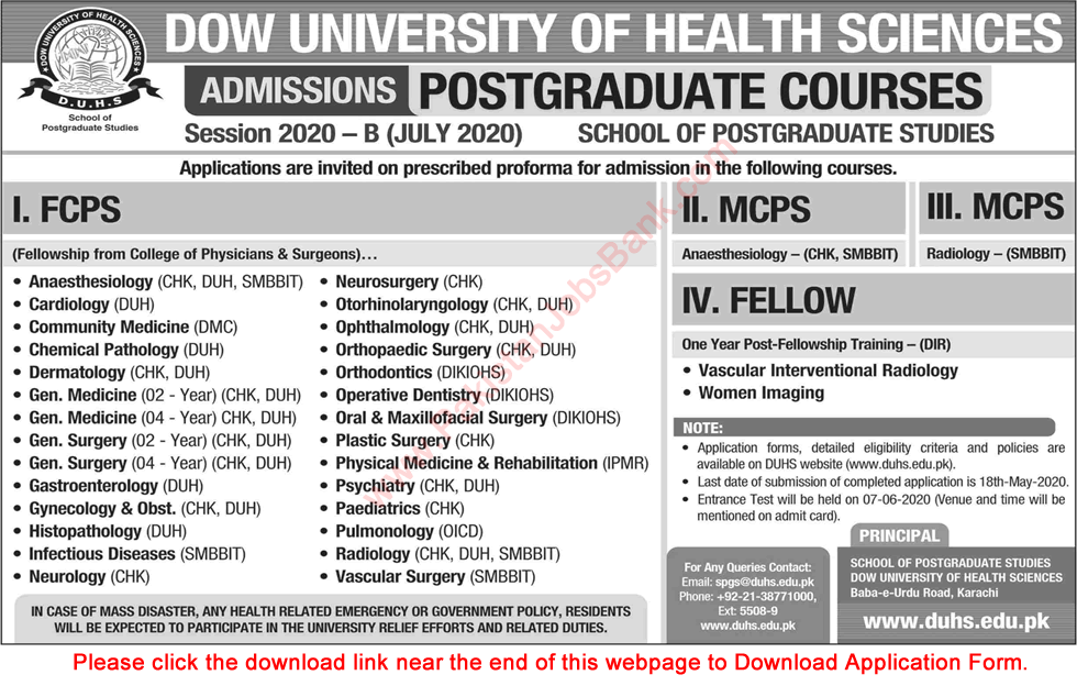 Dow University of Health Sciences Karachi Fellowships 2020 May Application Form Postgraduate Courses Admissions Latest