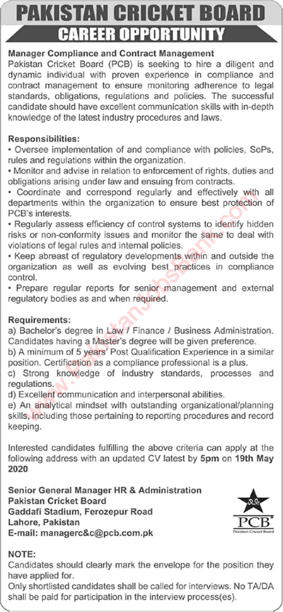 Manager Jobs in Pakistan Cricket Board 2020 May PCB Latest