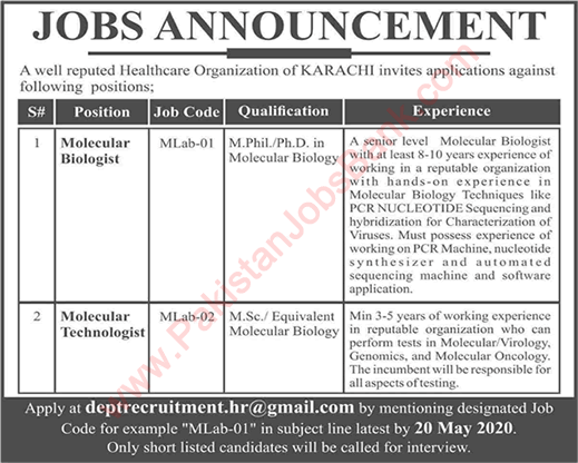 Molecular Biologist / Technologist Jobs in Karachi 2020 May Healthcare Organization Latest