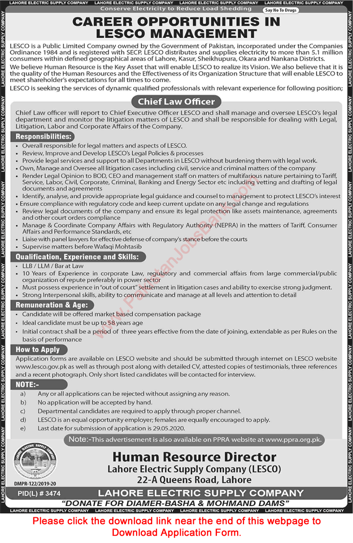 Chief Law Officer Jobs in LESCO 2020 May Application Form Lahore Electric Supply Company Latest