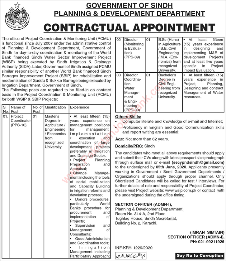 Planning and Development Department Sindh Jobs 2020 May Project Coordinator & Directors Latest