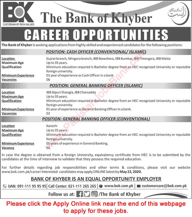 Bank of Khyber Jobs May 2020 Apply Online Cash Officers & General Banking Officers Latest
