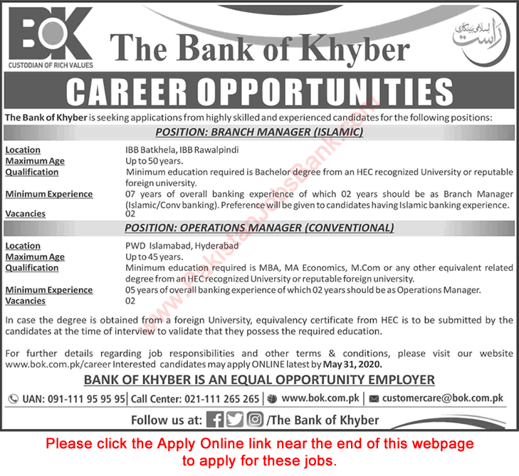 Operation / Branch Manager Jobs in Bank of Khyber May 2020 Apply Online Latest