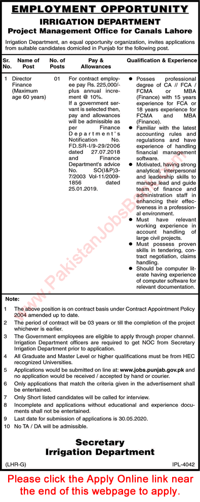 Finance Director Jobs in Irrigation Department Punjab May 2020 Apply Online Latest