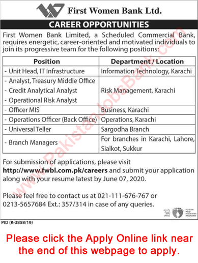 FWBL Jobs May 2020 June Online Apply Branch Managers, Tellers & Others First Women Bank Limited Latest