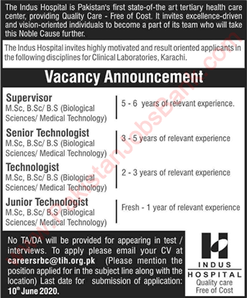 Indus Hospital Karachi Jobs June 2020 Technologists & Supervisor Latest