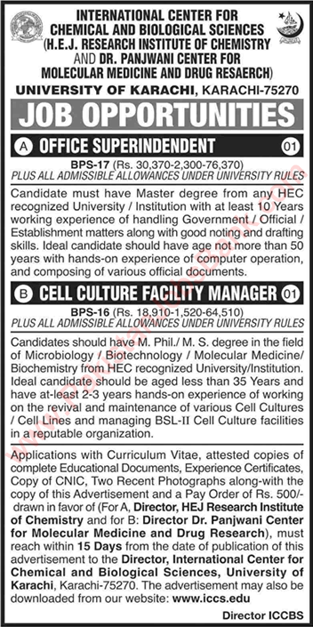ICCBS University of Karachi Jobs June 2020 Office Superintendant & Manager Latest