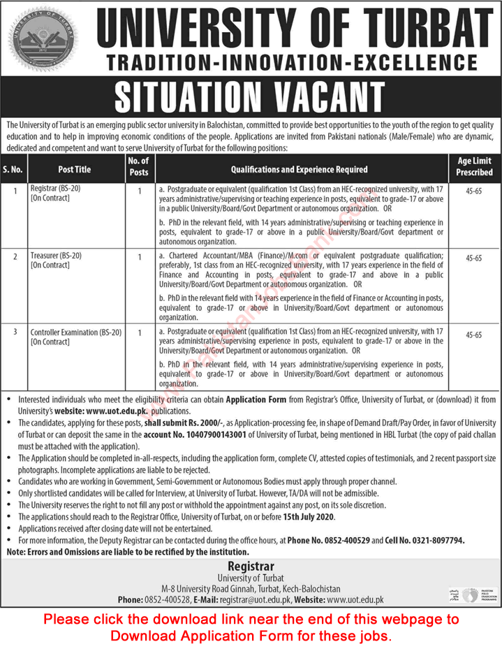 University of Turbat Jobs 2020 June UOT Application Form Latest