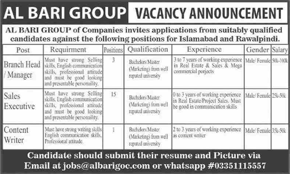 Al Bari Group of Companies Jobs 2020 June Sales Executives & Others Latest