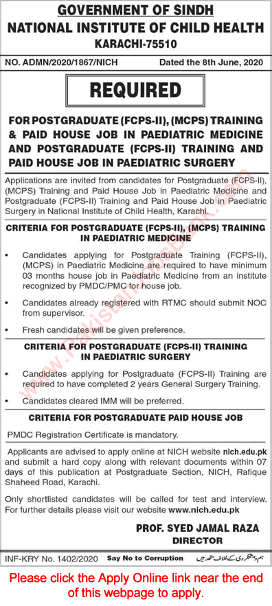 National Institute of Child Health Karachi Postgraduate & House Job Training June 2020 NICH Apply Online Latest