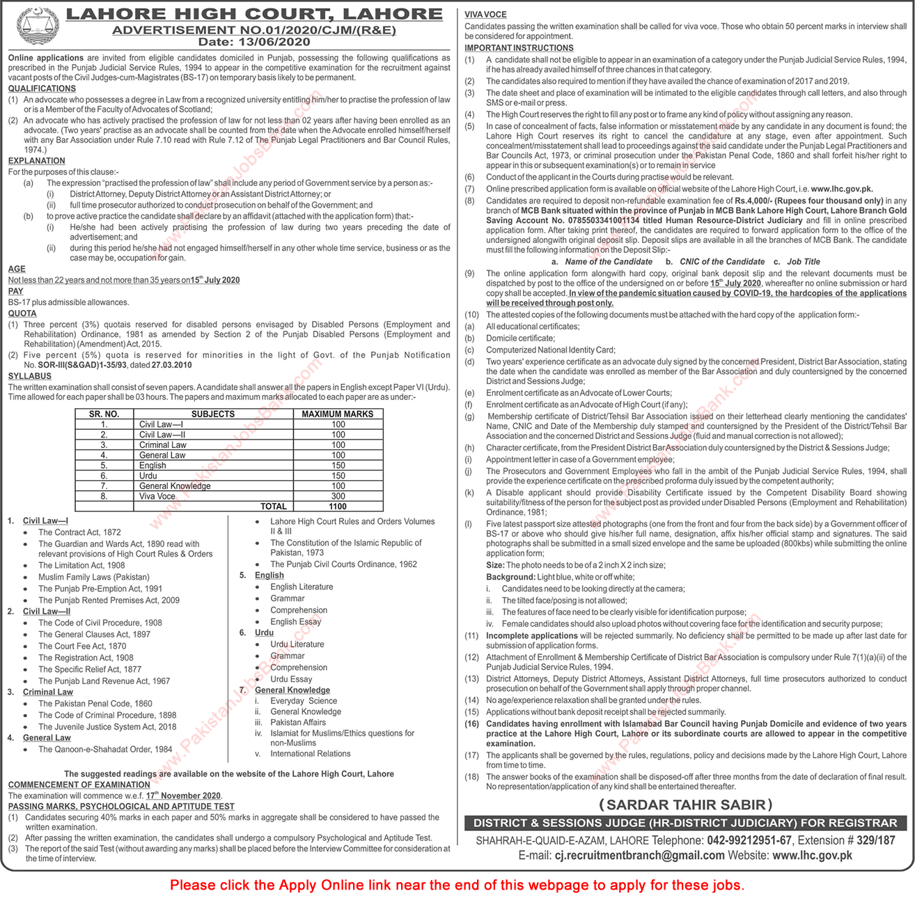 Civil Judges cum Magistrates Jobs in Lahore High Court 2020 June Online Apply Latest