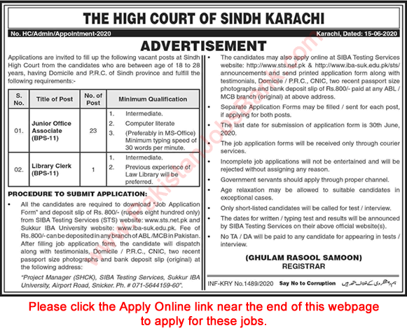 Sindh High Court Jobs June 2020 STS Apply Online Junior Office Associate & Library Clerk Latest