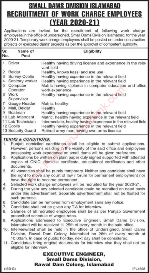 Small Dams Division Islamabad Jobs 2020 June Baildar, Security Guard, Driver & Others Latest
