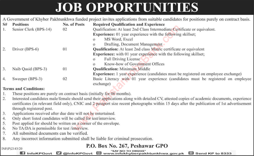 PO Box 267 GPO Peshawar Jobs 2020 June Clerks, Sweepers & Others Latest