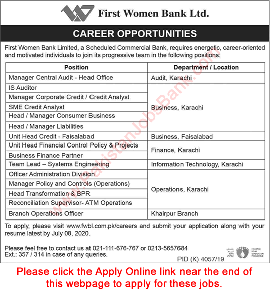 FWBL Jobs June 2020 July Apply Online First Women Bank Limited Latest