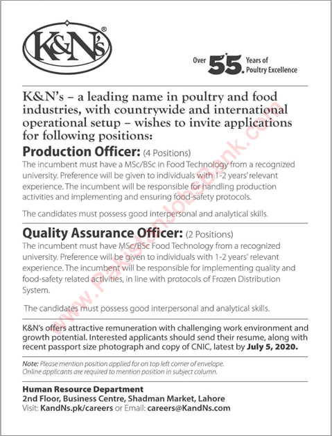 K&Ns Jobs 2020 June / July Production Officers & QA Officers Latest
