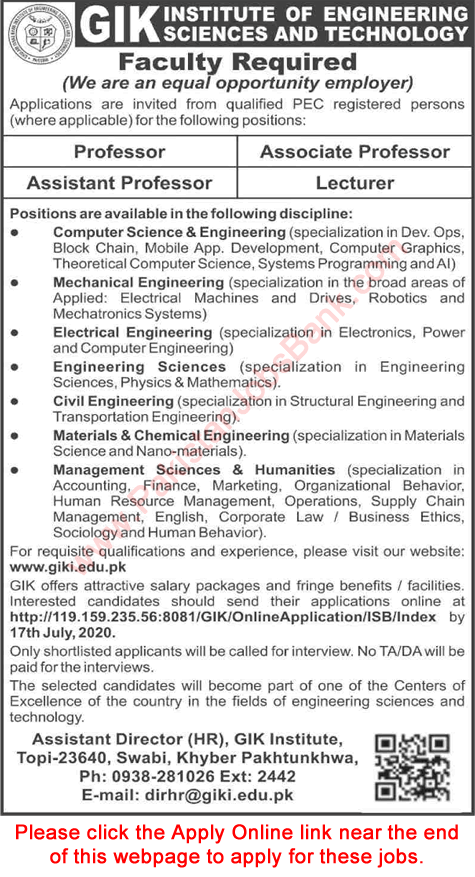 Teaching Faculty Jobs in GIK Institute of Science and Technology Swabi July 2020 Apply Online Latest