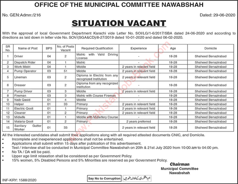 Municipal Committee Nawabshah Jobs 2020 July Pump Operators, Helpers & Others Latest
