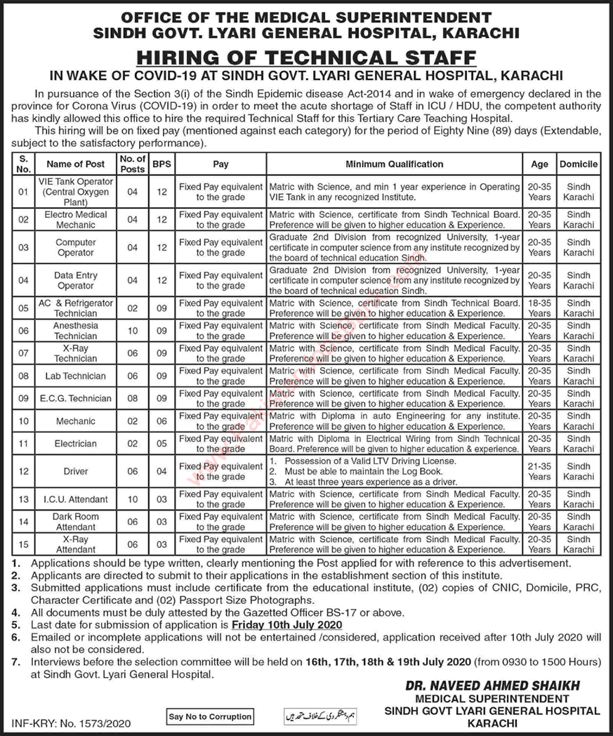 Lyari General Hospital Karachi Jobs 2020 June Medical Technicians, Attendants & Others Latest