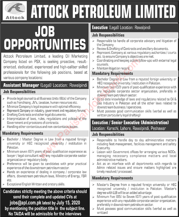 Attock Petroleum Limited Jobs July 2020 Admin Executives & Assistant Manager Latest
