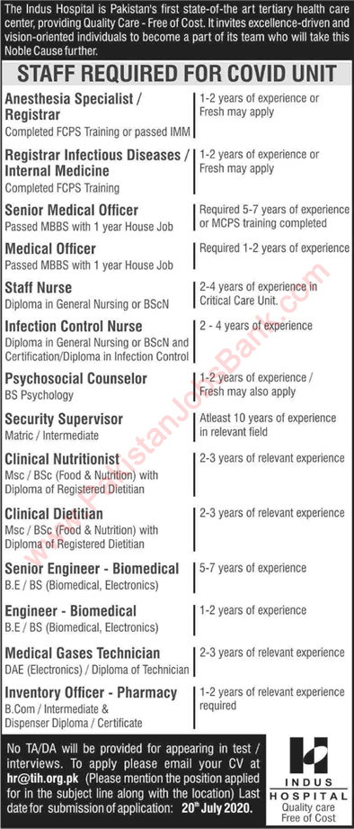 Indus Hospital Karachi Jobs July 2020 Medical Officers, Nurses & Others Latest