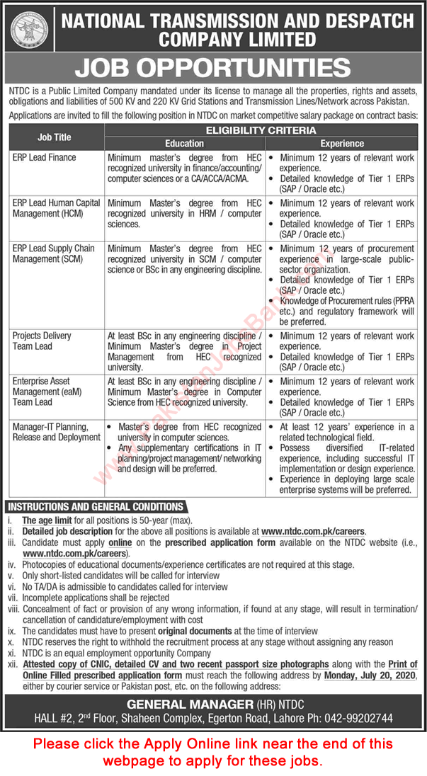 NTDC Jobs July 2020 Apply Online National Transmission and Despatch Company Limited Latest