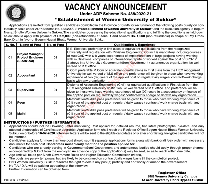 Begum Nusrat Bhutto Women University Sukkur Jobs 2020 July Accountant & Others Latest