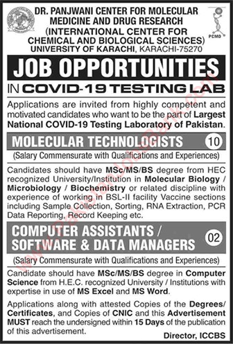 ICCBS University of Karachi Jobs July 2020 Molecular Technologists & Computer Assistants Latest