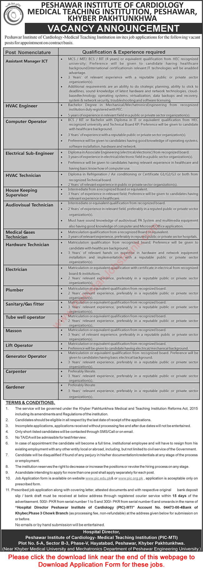 Peshawar Institute of Cardiology Jobs July 2020 PIC Application Form Medical Teaching Institution Latest
