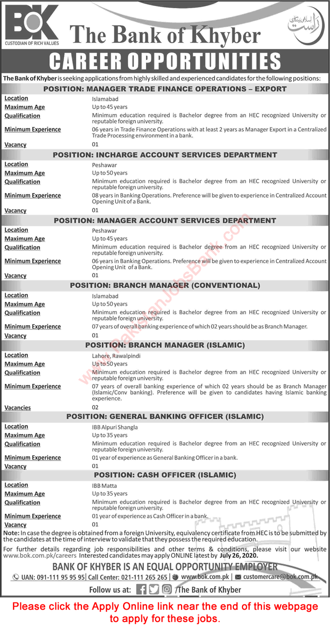 Bank of Khyber Jobs July 2020 Apply Online Branch Managers & Others BOK Latest