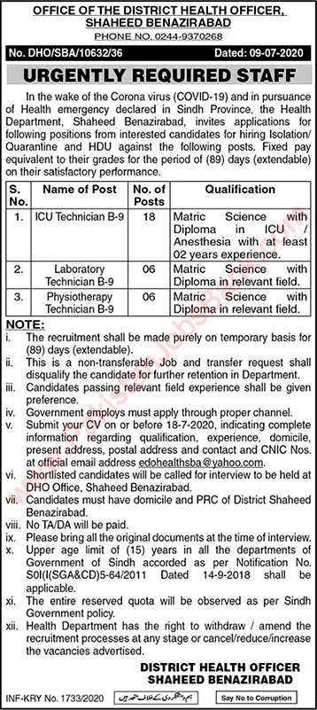 Medical Technician Jobs in Health Department Shaheed Benazirabad 2020 July COID-19 Latest