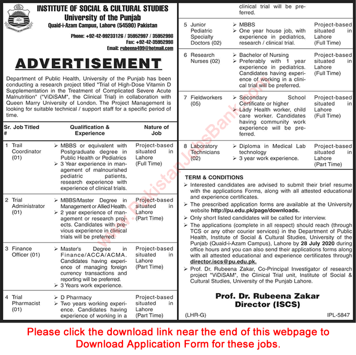 Institute of Social and Cultural Studies Lahore Jobs 2020 July Application Form University of Punjab Latest