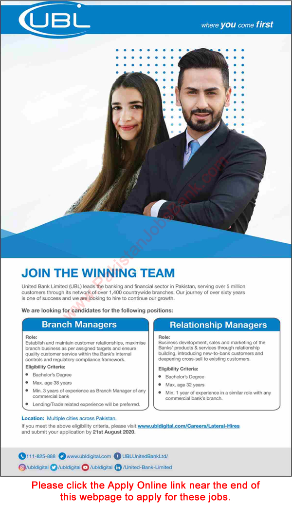 UBL Jobs July 2020 Apply Online Branch Managers & Relationship Managers Latest