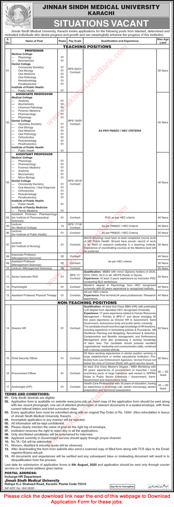 Jinnah Sindh Medical University Karachi Jobs 2020 July JSMU Application Form Teaching Faculty & Others Latest