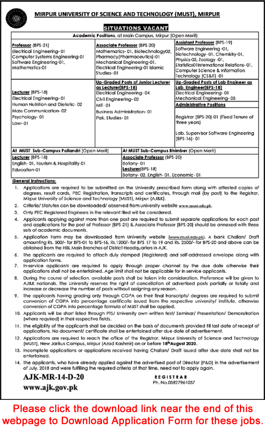 Mirpur University of Science and Technology Jobs 2020 July Application Form Teaching Faculty & Others Latest