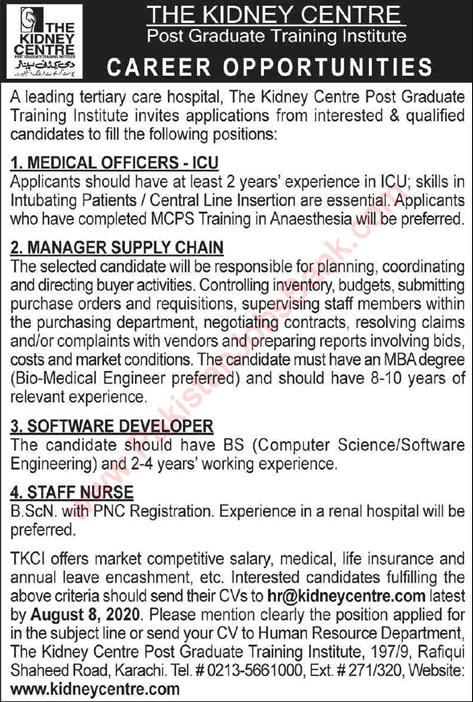 The Kidney Centre Karachi Jobs 2020 July / August Medical Officers, Staff Nurse & Others Latest